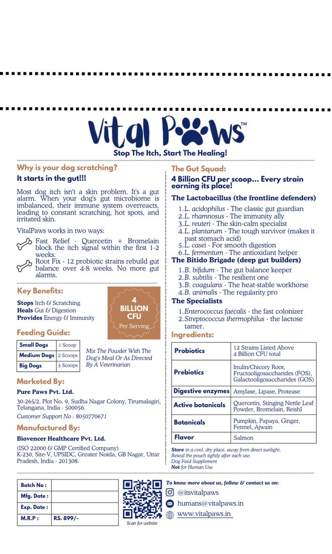The full back label of the Vital Paws pack, including the manufacturer details
