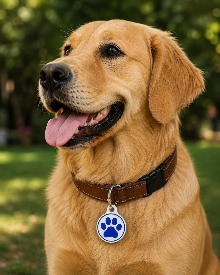 Golden retriever wearing the 3D-printed paw-print NFC tag on its collar