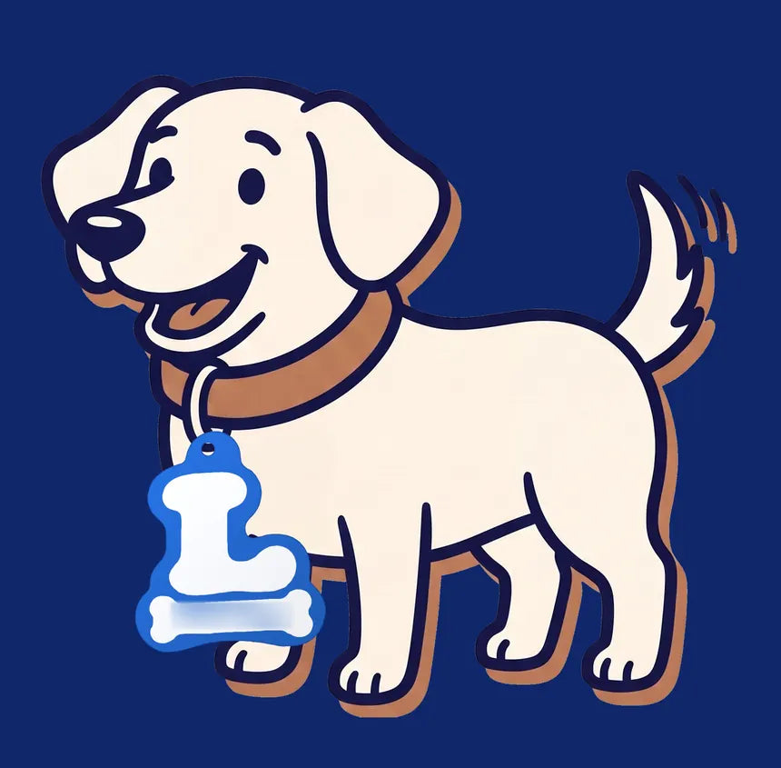 A cartoon dog wearing the blue VitalPaws One Tag with the letter L