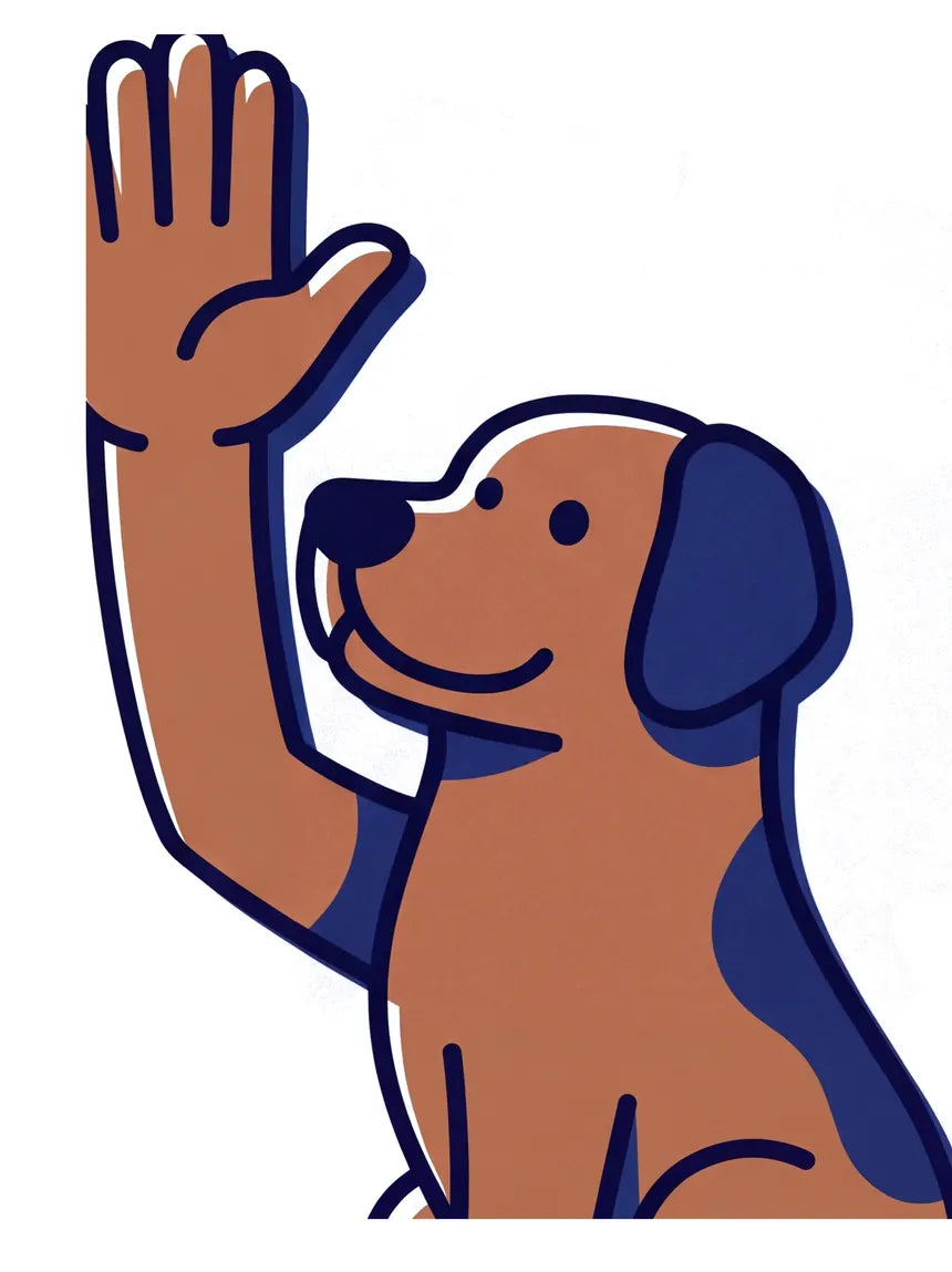 A cartoon dog with one paw raised high, like a hand up in class