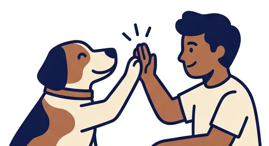 A cartoon dog giving a man a high five