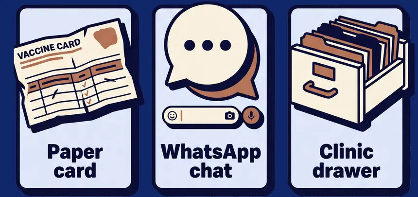 Three cards: a paper vaccine card, a WhatsApp chat and a clinic drawer