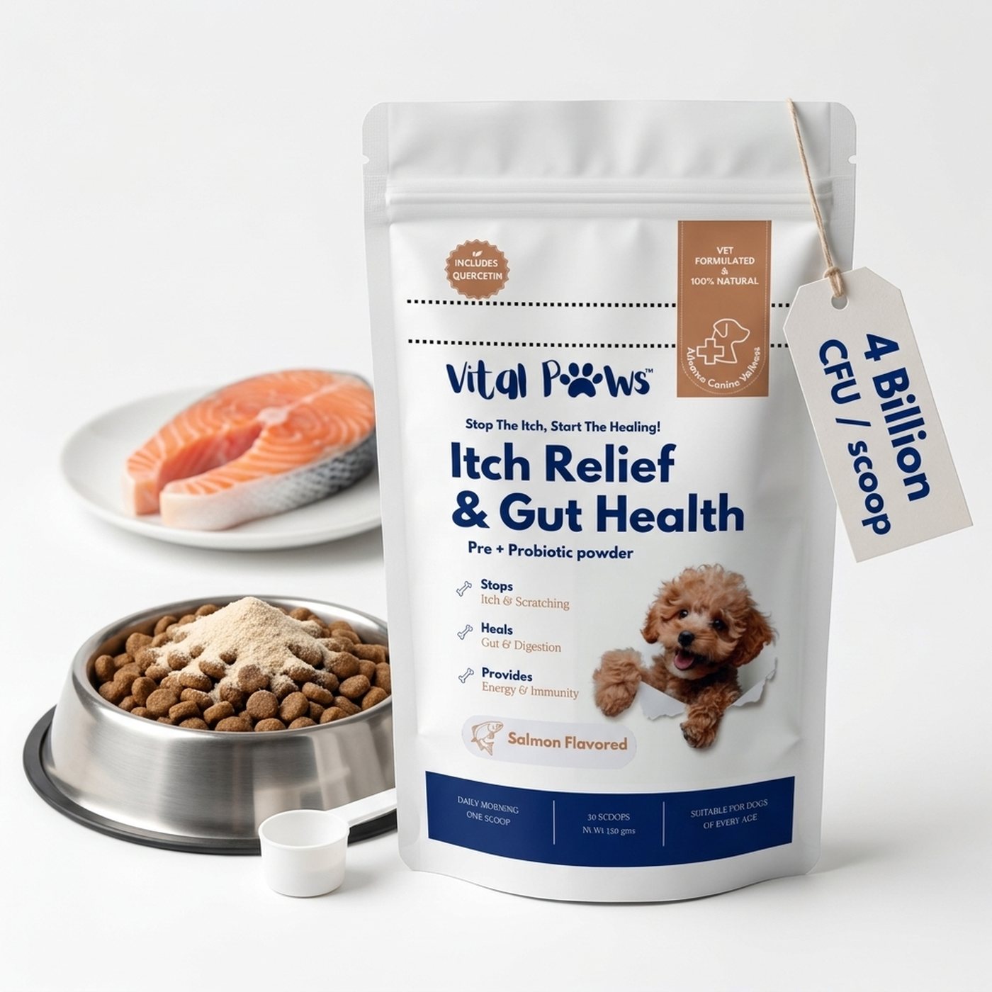 VitalPaws Itch Relief & Gut Health pack with dog bowl and salmon — 4 billion CFU per scoop