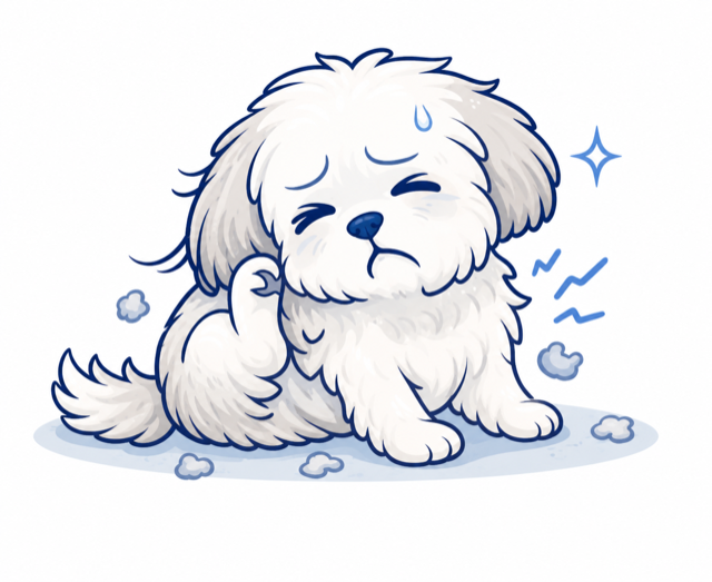 Illustration of a white Shih Tzu scratching its ear
