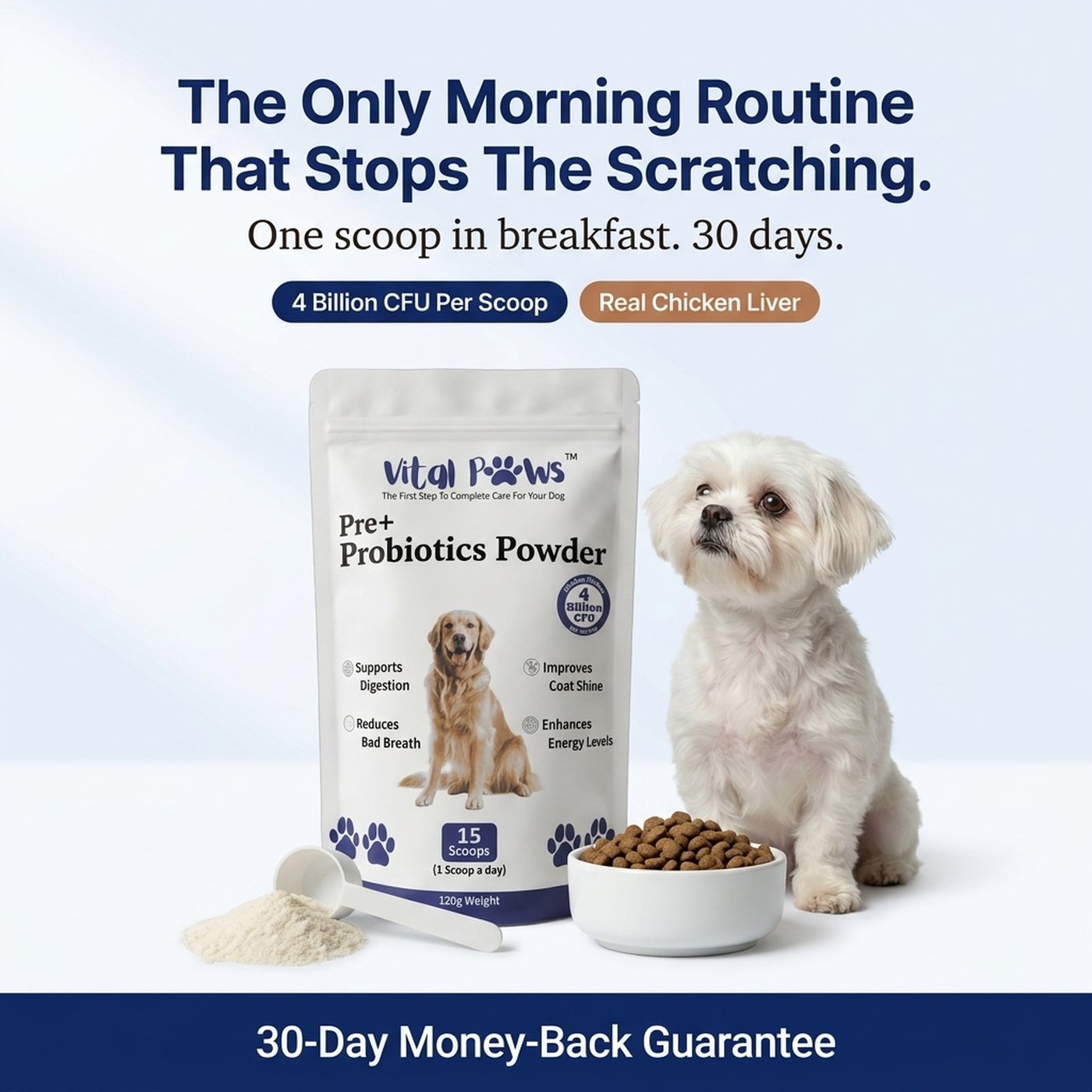 The only morning routine that stops the scratching. One scoop in breakfast, 30 days.