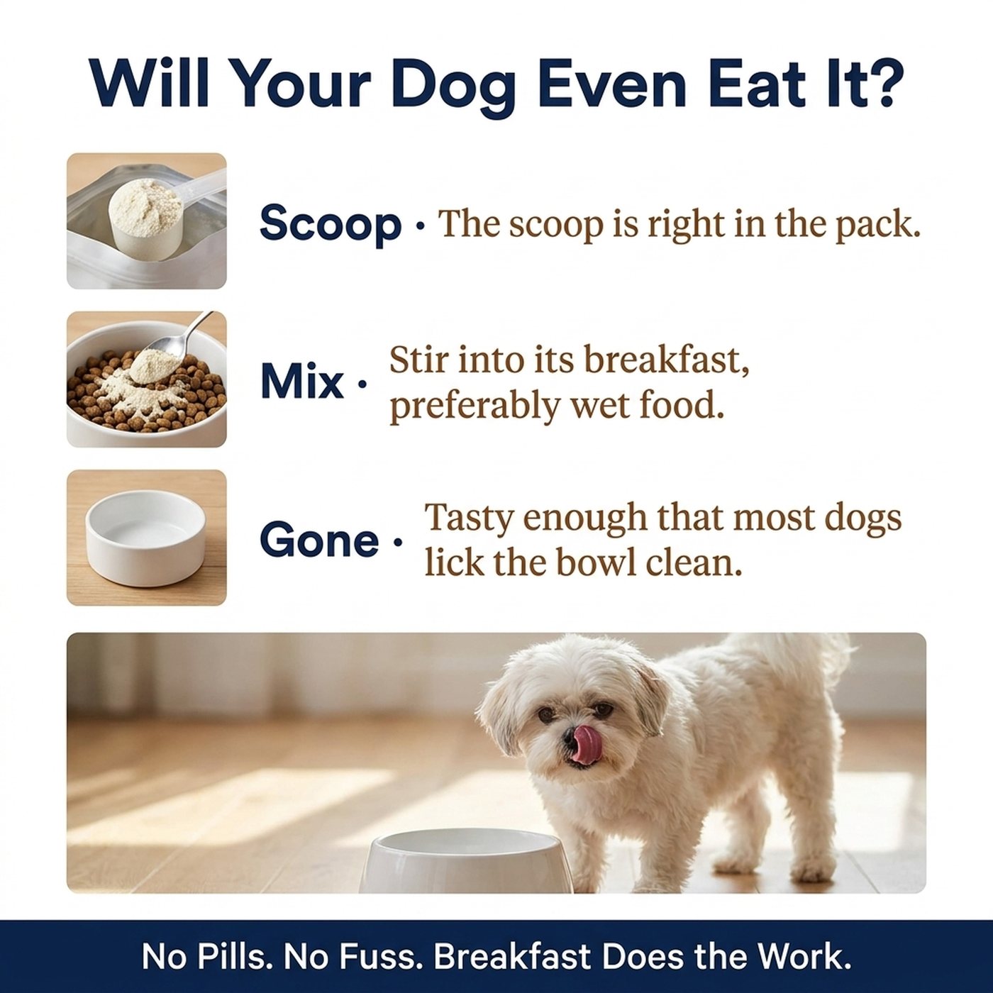 Will your dog even eat it? Scoop, mix into breakfast, gone. Tasty enough that most dogs lick the bowl clean.