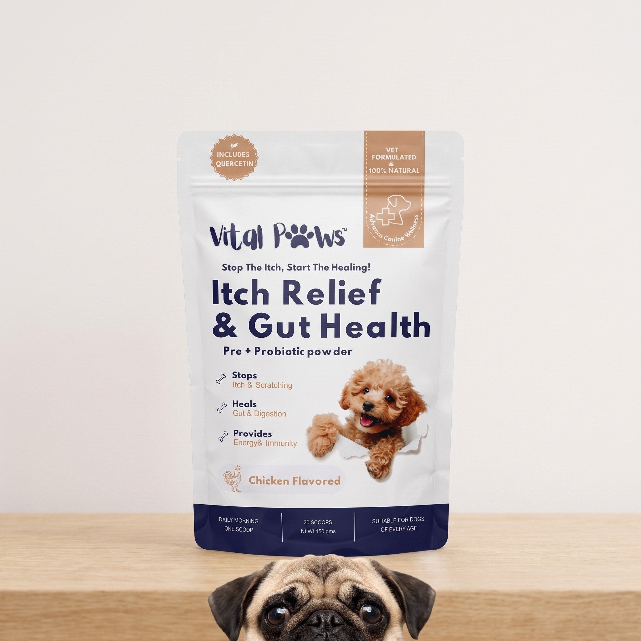 Stop the scratching and paw-licking in 30 days — one scoop a day, backed by a full money-back guarantee
