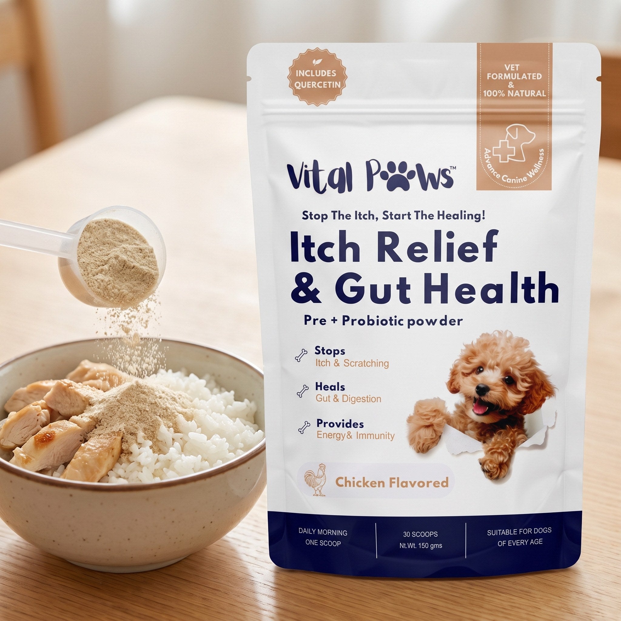 One scoop of Itch Relief and Gut Health in breakfast: quercetin and bromelain for the itch, 12 strains for the gut