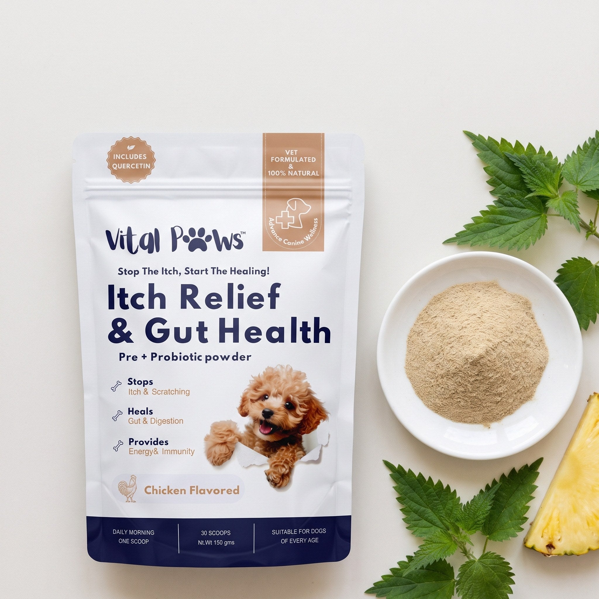 The 150g pouch and what goes into it: quercetin, stinging nettle leaf powder, bromelain and 12 strains of good bacteria