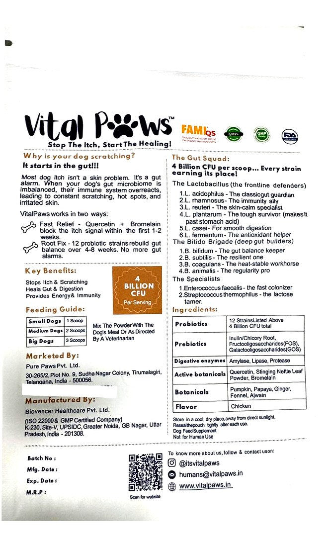 The full back label of the Vital Paws pack, including the manufacturer details